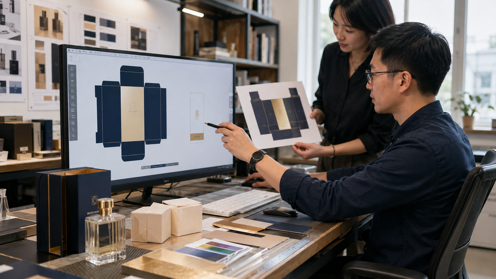 Chinese packaging designer working on a perfume box