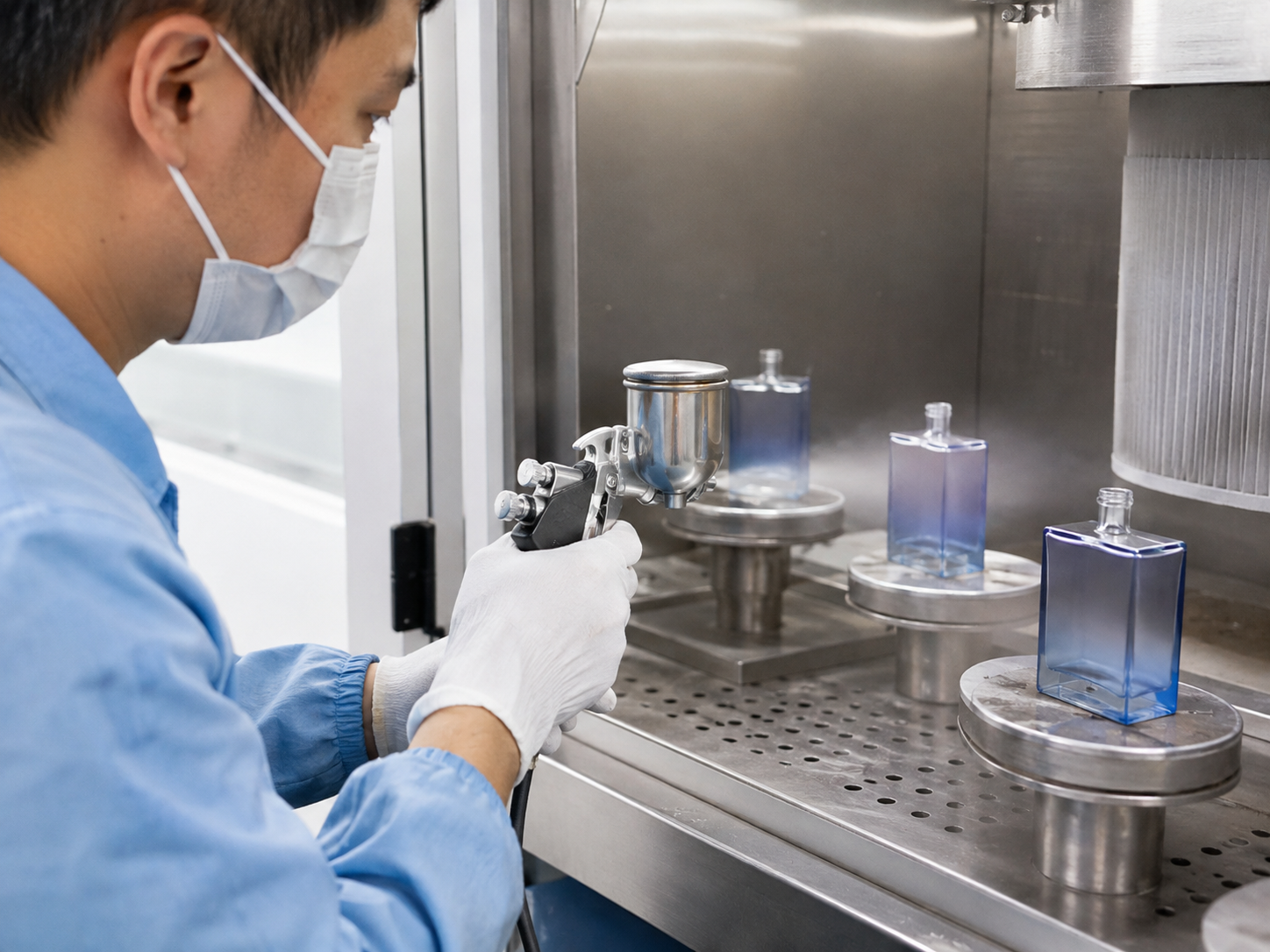 Perfume bottle spray coating process