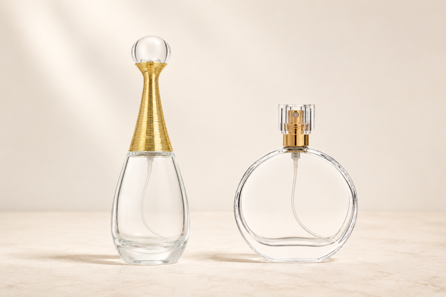 Oval and curved perfume bottles